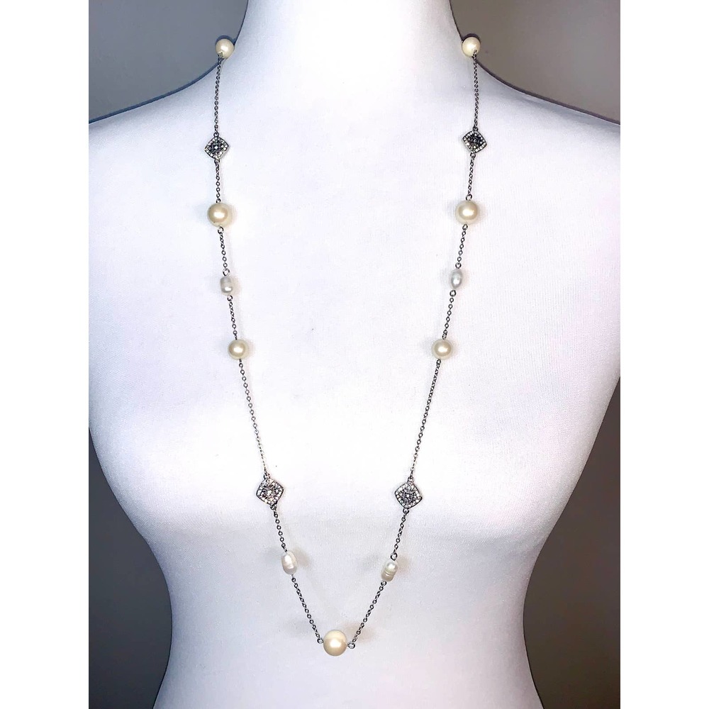 Carolee Silver Freshwater Pearl Crystal Station Statement Necklace EUC - Picture 1 of 8